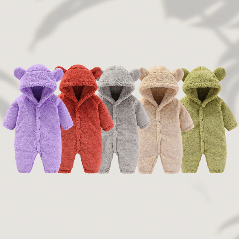 Winter Newborn Baby Girls Boys Warm Fleece Bear Ear Romper Jumpsuit Thick Cozy Infant Hooded Jumpsuit Multi-Color