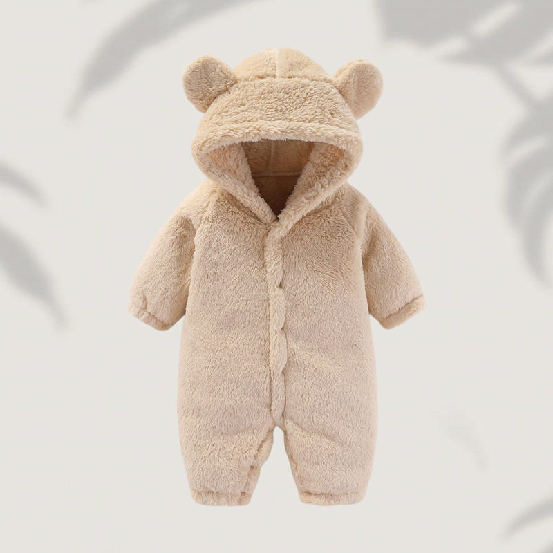 Winter Newborn Baby Girls Boys Warm Fleece Bear Ear Romper Jumpsuit Thick Cozy Infant Hooded Jumpsuit Multi-Color