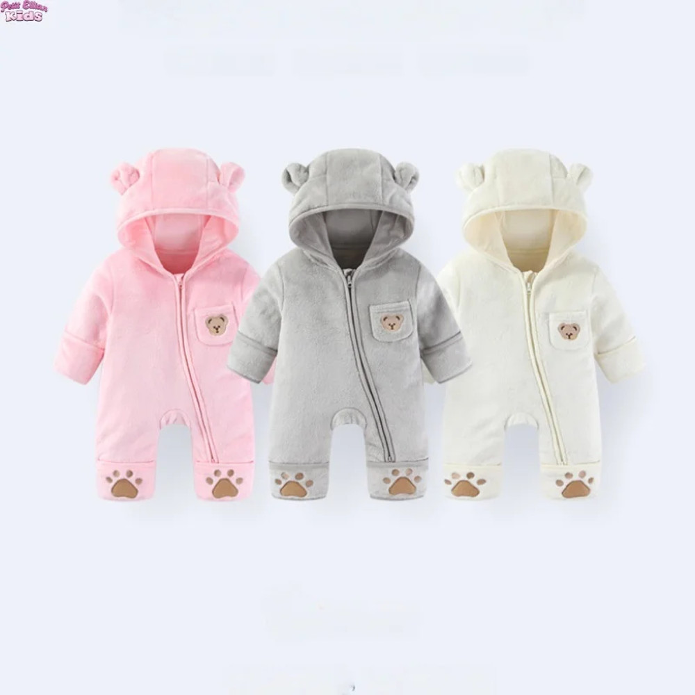Winter Fleece Infant Baby Girls Boy Thickened Onesie Newborn Baby Romper Bear Ear Hooded Jumpsuit Paw Pocket Warm