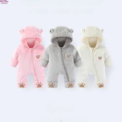 winter fleece infant baby girls boy thickened onesie newborn baby romper bear ear hooded jumpsuit paw pocket warm