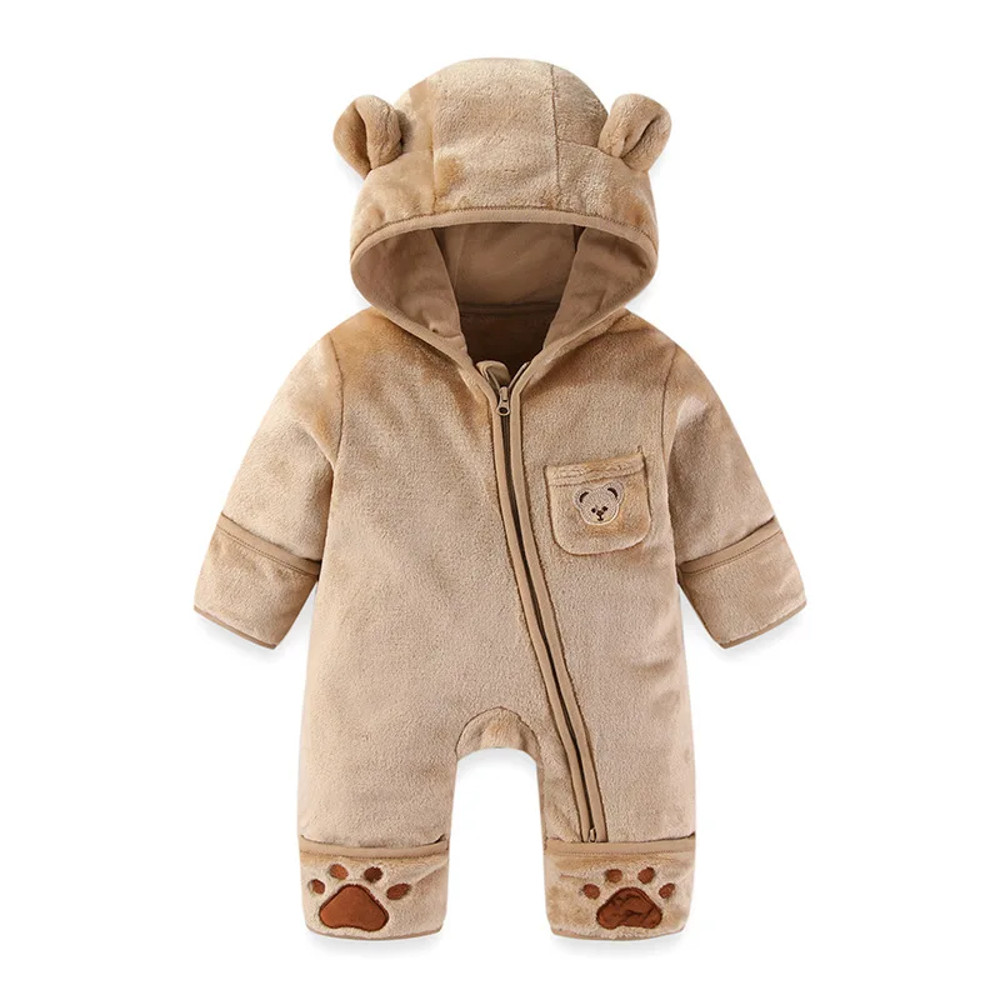 Winter Fleece Infant Baby Girls Boy Thickened Onesie Newborn Baby Romper Bear Ear Hooded Jumpsuit Paw Pocket Warm