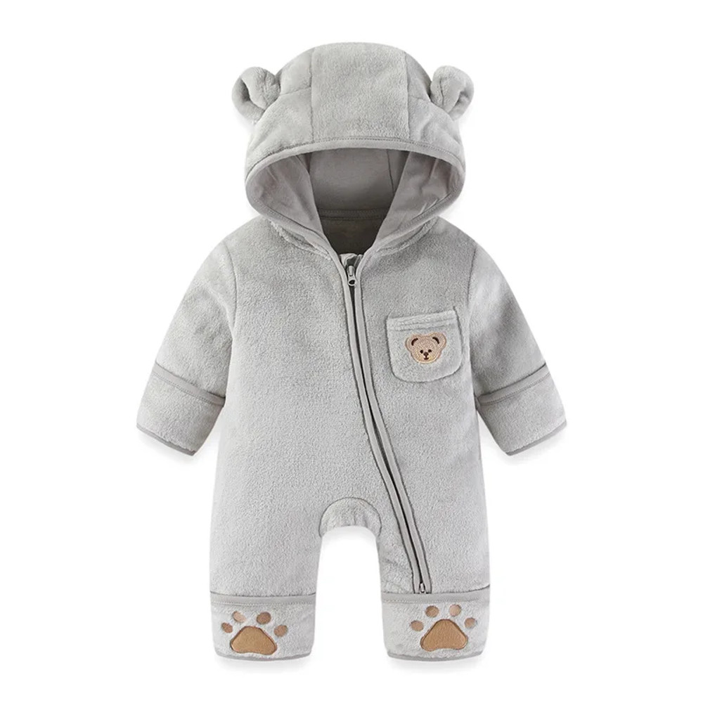 Winter Fleece Infant Baby Girls Boy Thickened Onesie Newborn Baby Romper Bear Ear Hooded Jumpsuit Paw Pocket Warm