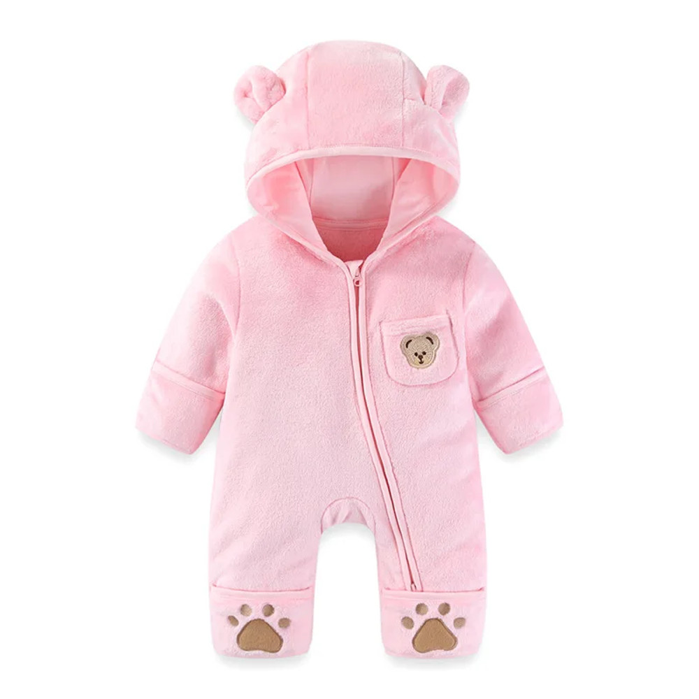 Winter Fleece Infant Baby Girls Boy Thickened Onesie Newborn Baby Romper Bear Ear Hooded Jumpsuit Paw Pocket Warm