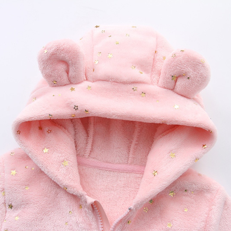 Autumn Winter Newborn Baby Footed Romper Warm Fleece Jumpsuit with Bear Ears Cute Star Cartoon Print One Piece Outfit