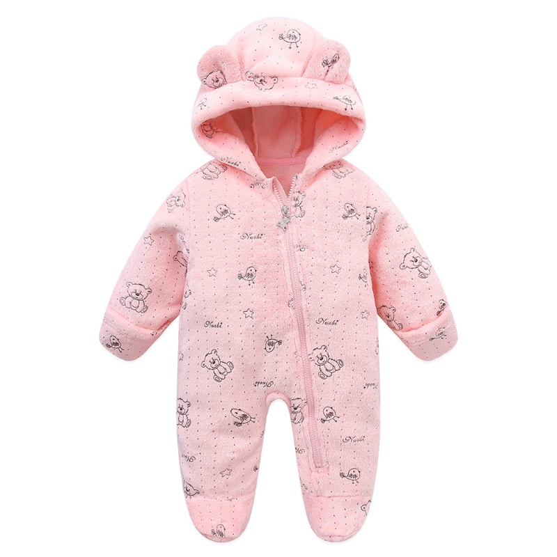 Autumn Winter Newborn Baby Footed Romper Warm Fleece Jumpsuit with Bear Ears Cute Star Cartoon Print One Piece Outfit