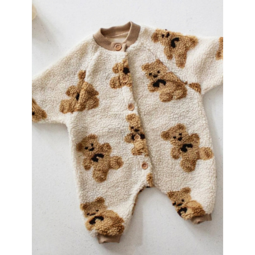 Korean Style Fleece Lined Baby Romper Warm Outfit Cute Bear Lamb Fur Overalls Coat Infant Winter Clothes