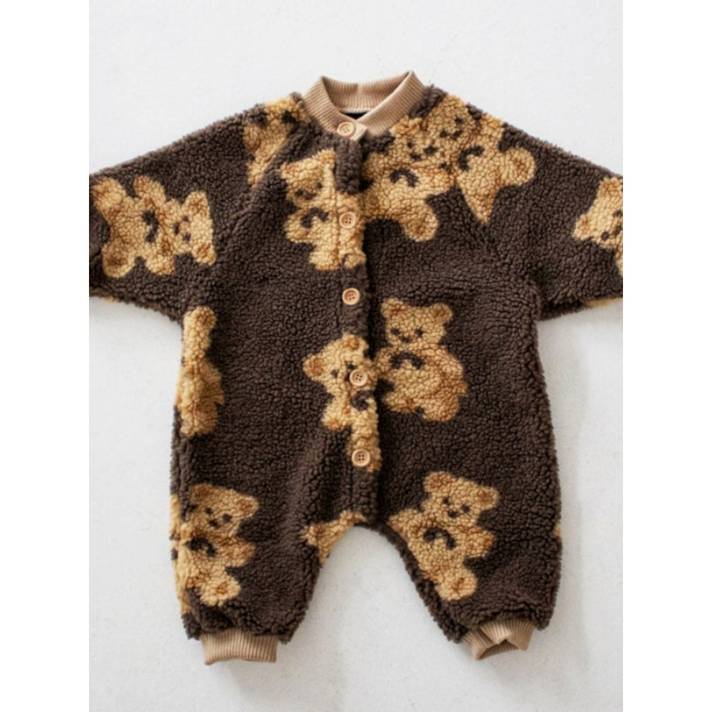 Korean Style Fleece Lined Baby Romper Warm Outfit Cute Bear Lamb Fur Overalls Coat Infant Winter Clothes