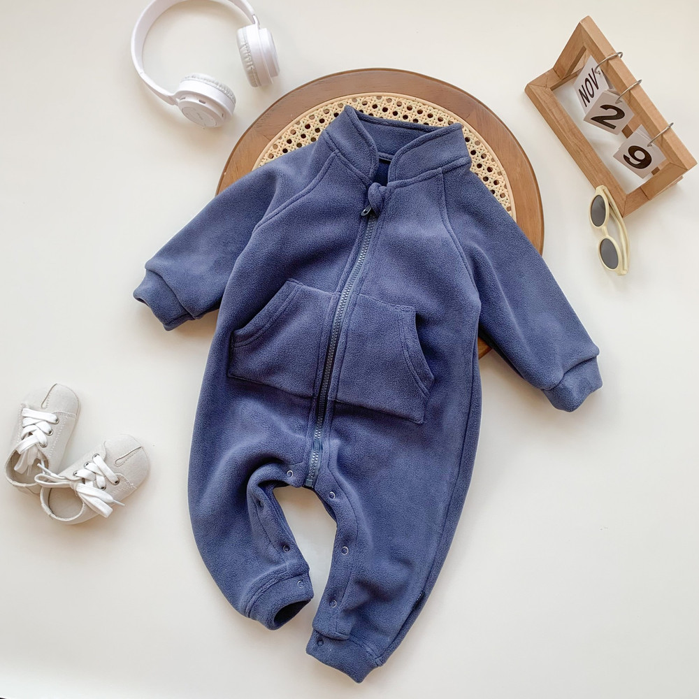 Baby Korean Style Newborn Romper Boys Girls All-Match Fleece Lined Crawling Suit Toddler Zipper Jacket, Cozy Infant