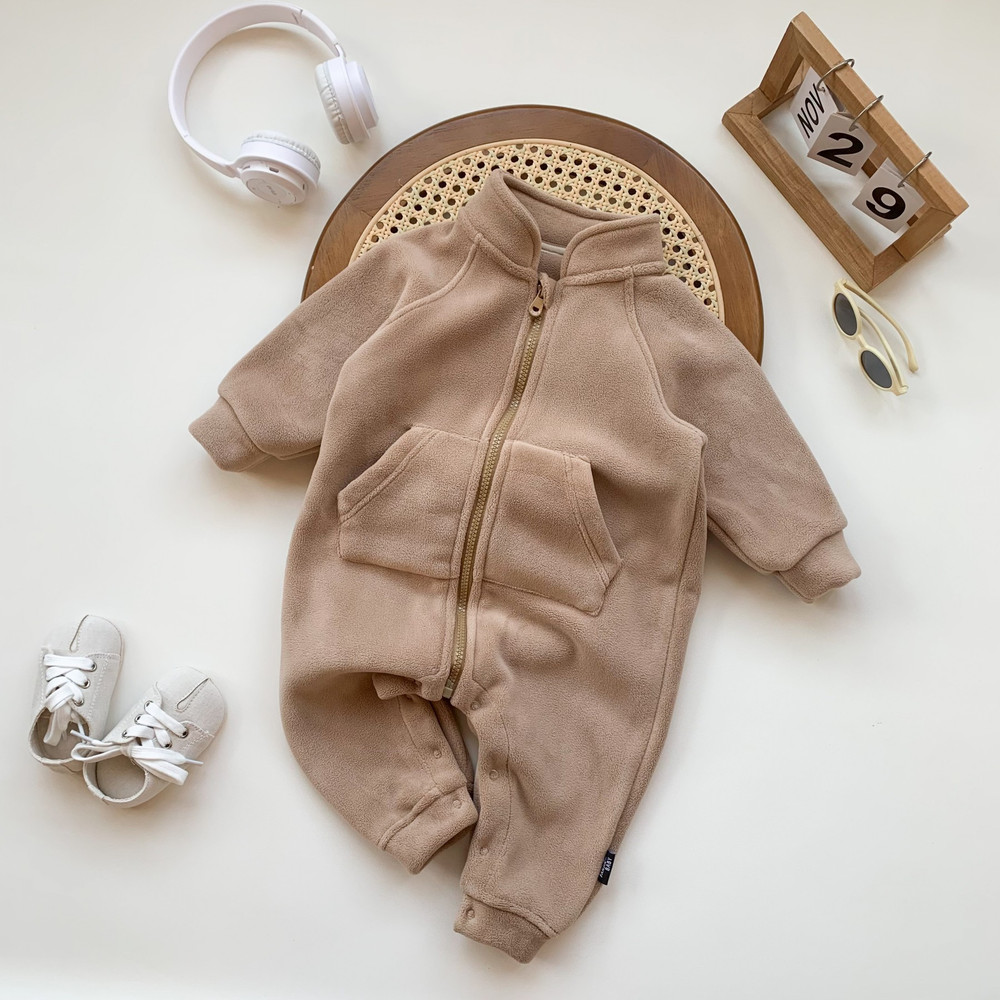 Baby Korean Style Newborn Romper Boys Girls All-Match Fleece Lined Crawling Suit Toddler Zipper Jacket, Cozy Infant
