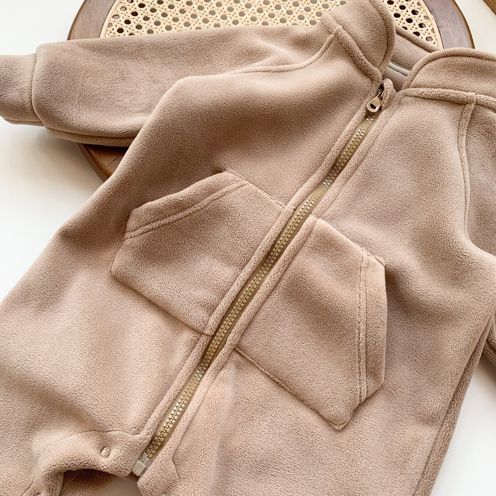 Baby Korean Style Newborn Romper Boys Girls All-Match Fleece Lined Crawling Suit Toddler Zipper Jacket, Cozy Infant