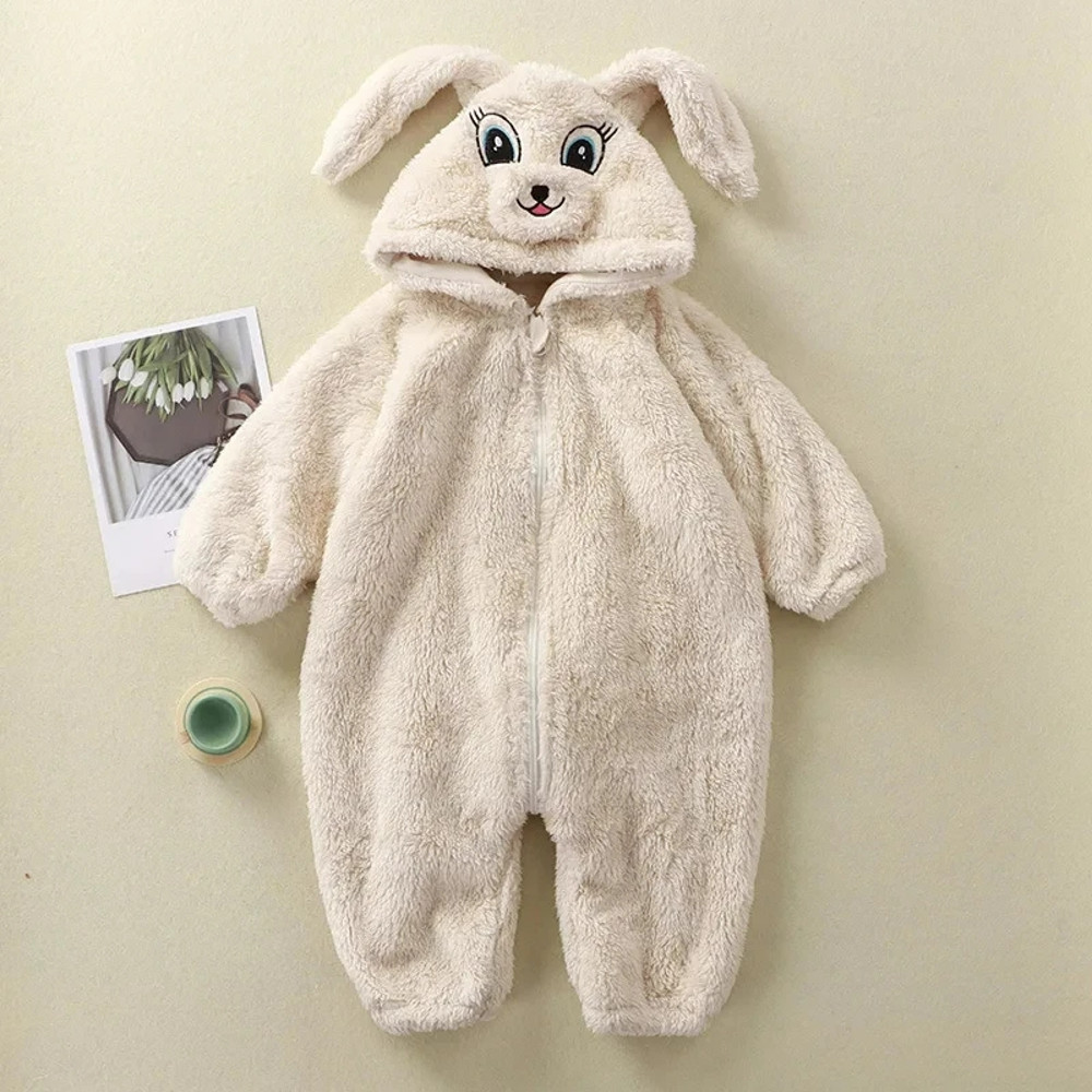 Soft Fleece Baby Winter Romper Cartoon Panda Bunny Hooded Jumpsuit for Boy Girl Clothes, Thick Toddler Sleepwear
