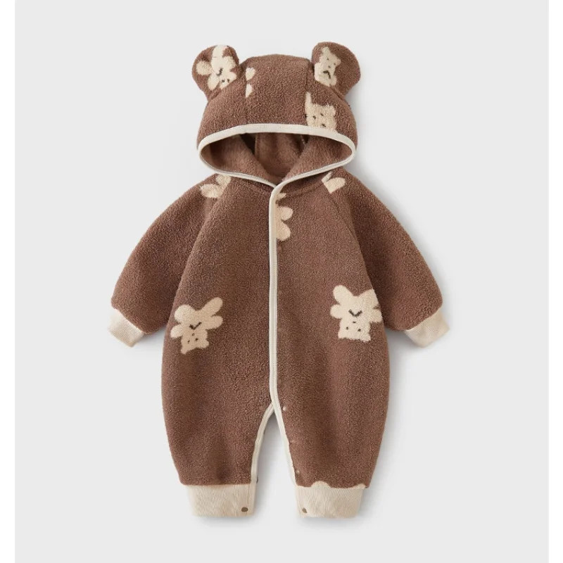 Warm Animal Print Hooded Romper Autumn Winter Newborn Baby Onesie Jumpsuit Outwear for Infant Boys Girls