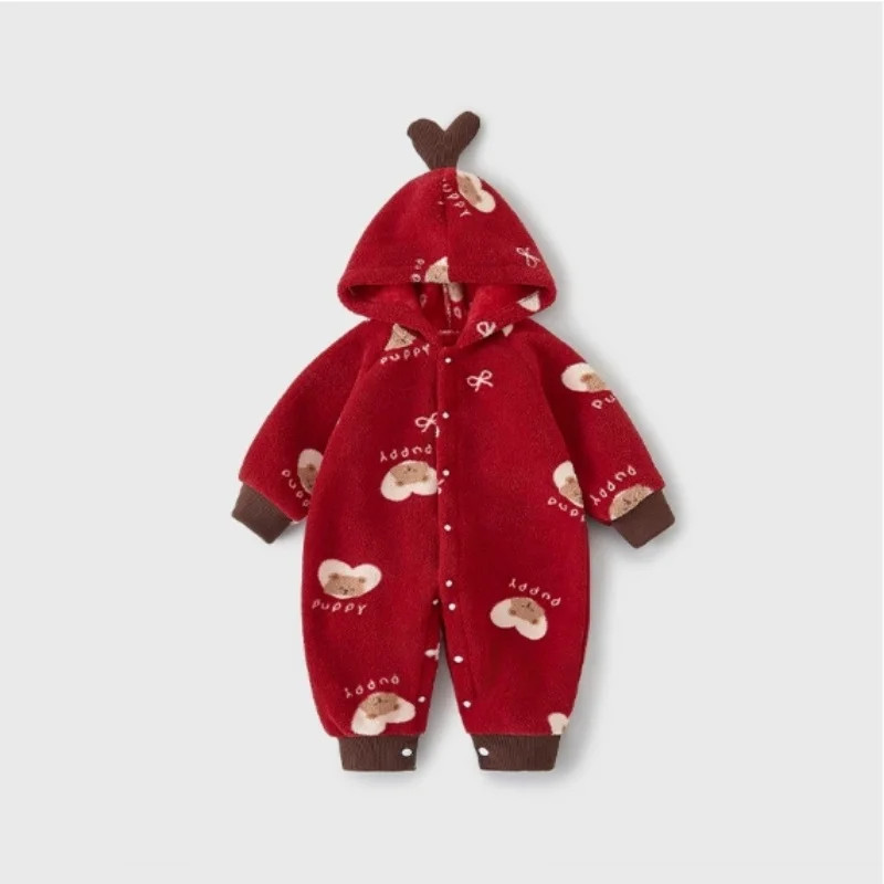 Warm Animal Print Hooded Romper Autumn Winter Newborn Baby Onesie Jumpsuit Outwear for Infant Boys Girls