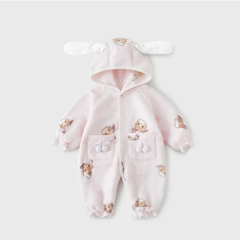 Warm Animal Print Hooded Romper Autumn Winter Newborn Baby Onesie Jumpsuit Outwear for Infant Boys Girls