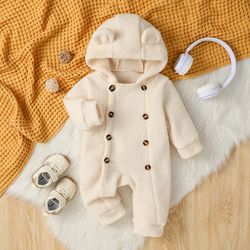 cut lovely newborn baby girl boy fleece jumpsuit autumn winter solid color, long sleeve full length hooded warm romper