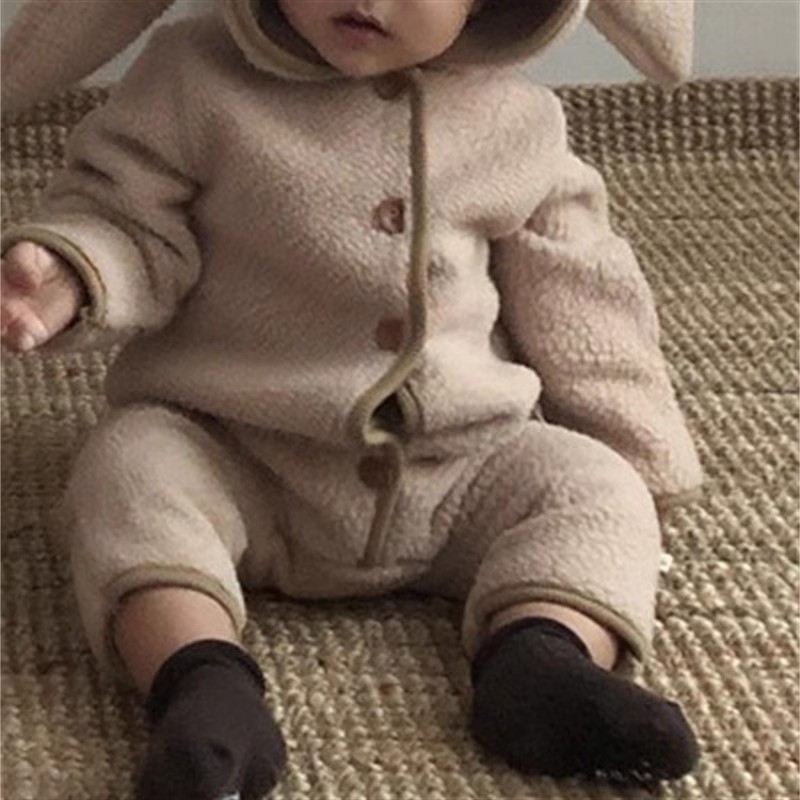 Velvet Autumn Winter Baby Fleece One-piece Kid Casual Jumpsuit, Solid Rabbit Ears Cardigan Romper for Girl or Boy