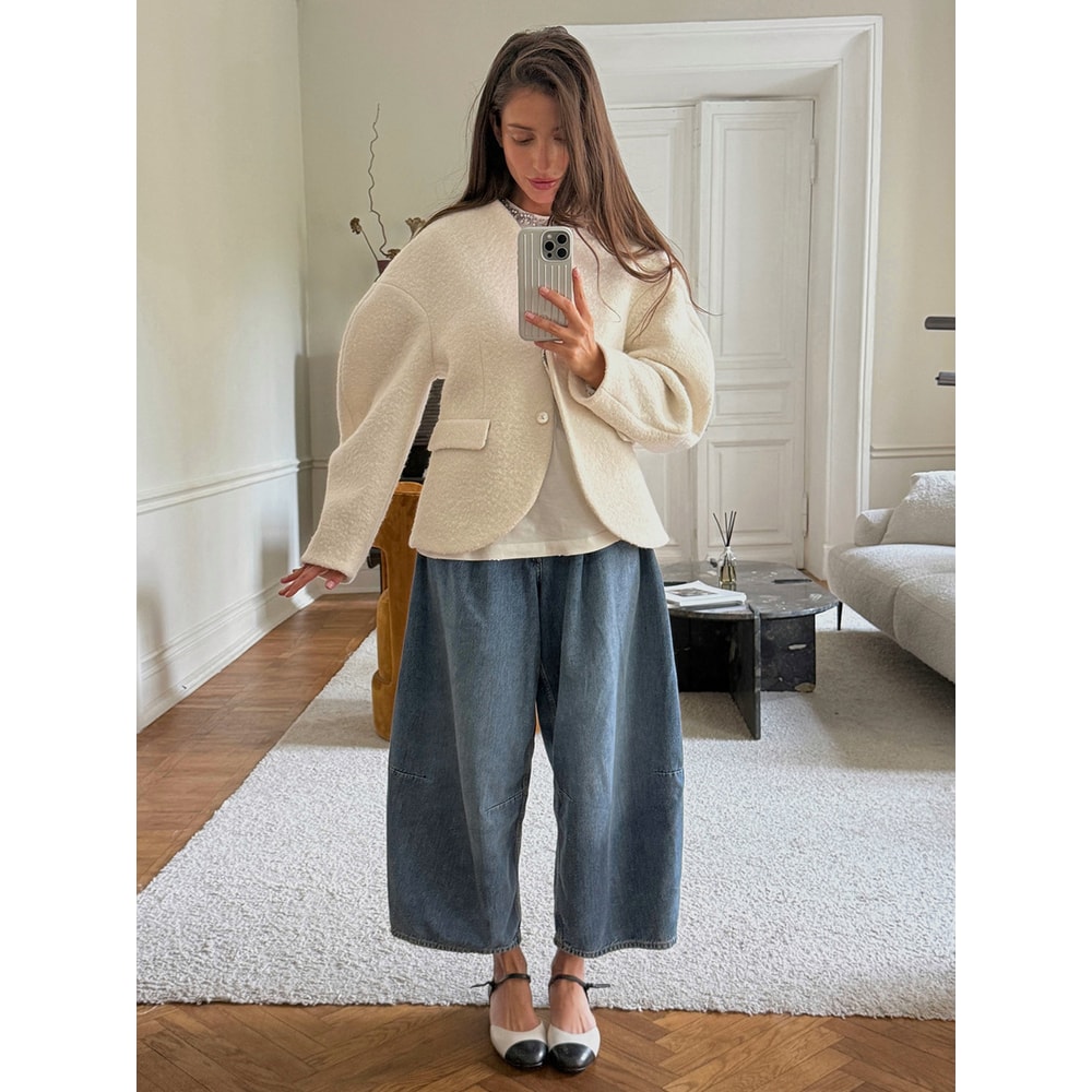 Elegant Plush V Neck Short White Coat Women Retro Casual Single Breasted Tweed Coats Female Autumn 0