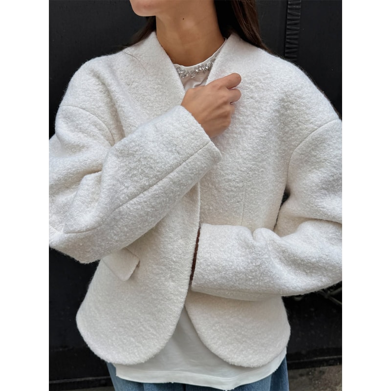 Elegant Plush V Neck Short White Coat Women Retro Casual Single Breasted Tweed Coats Female Autumn 3
