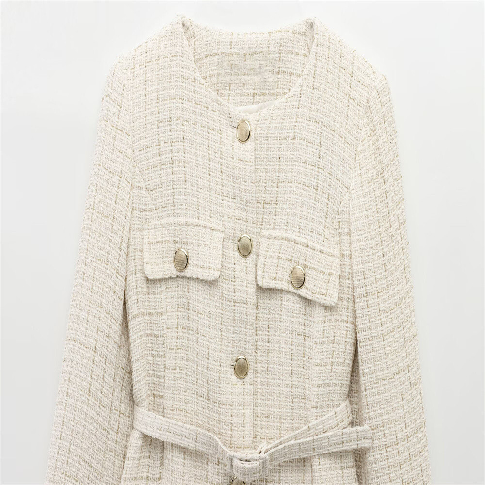 Women Beige Tweed Jacket with Gold Buttons Belt Long Sleeves Front Pockets Stylish Fall Winter Layered Outerwear