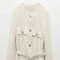 Women Beige Tweed Jacket with Gold Buttons Belt Long Sleeves Front Pockets Stylish Fall Winter Layered Outerwear