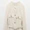 Women Beige Tweed Jacket with Gold Buttons Belt Long Sleeves Front Pockets Stylish Fall Winter Layered Outerwear
