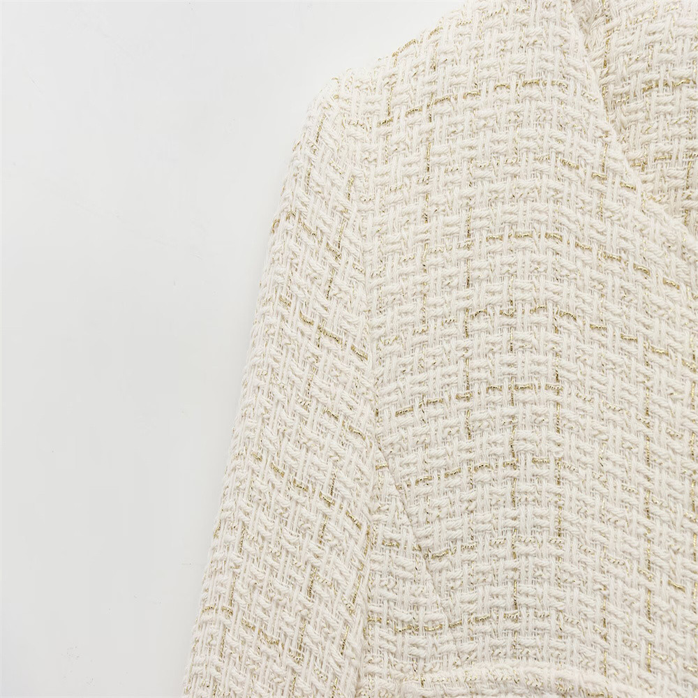 Women Beige Tweed Jacket with Gold Buttons Belt Long Sleeves Front Pockets Stylish Fall Winter Layered Outerwear