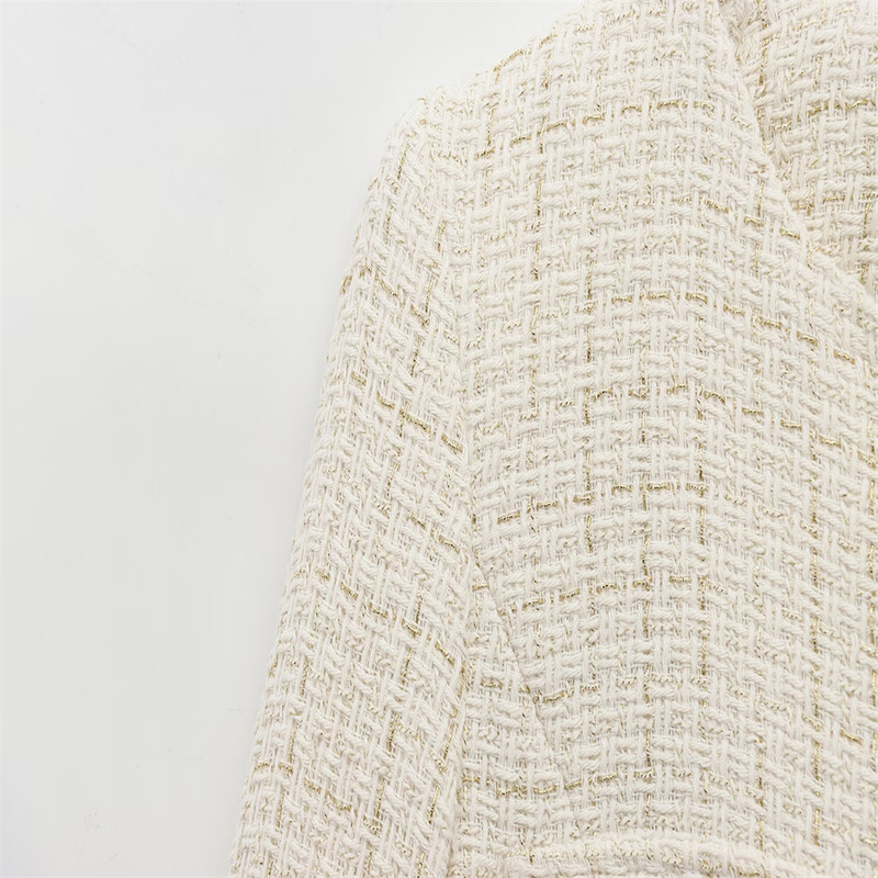 Women Beige Tweed Jacket with Gold Buttons Belt Long Sleeves Front Pockets Stylish Fall Winter Layered Outerwear