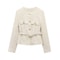 Women Beige Tweed Jacket with Gold Buttons Belt Long Sleeves Front Pockets Stylish Fall Winter Layered Outerwear