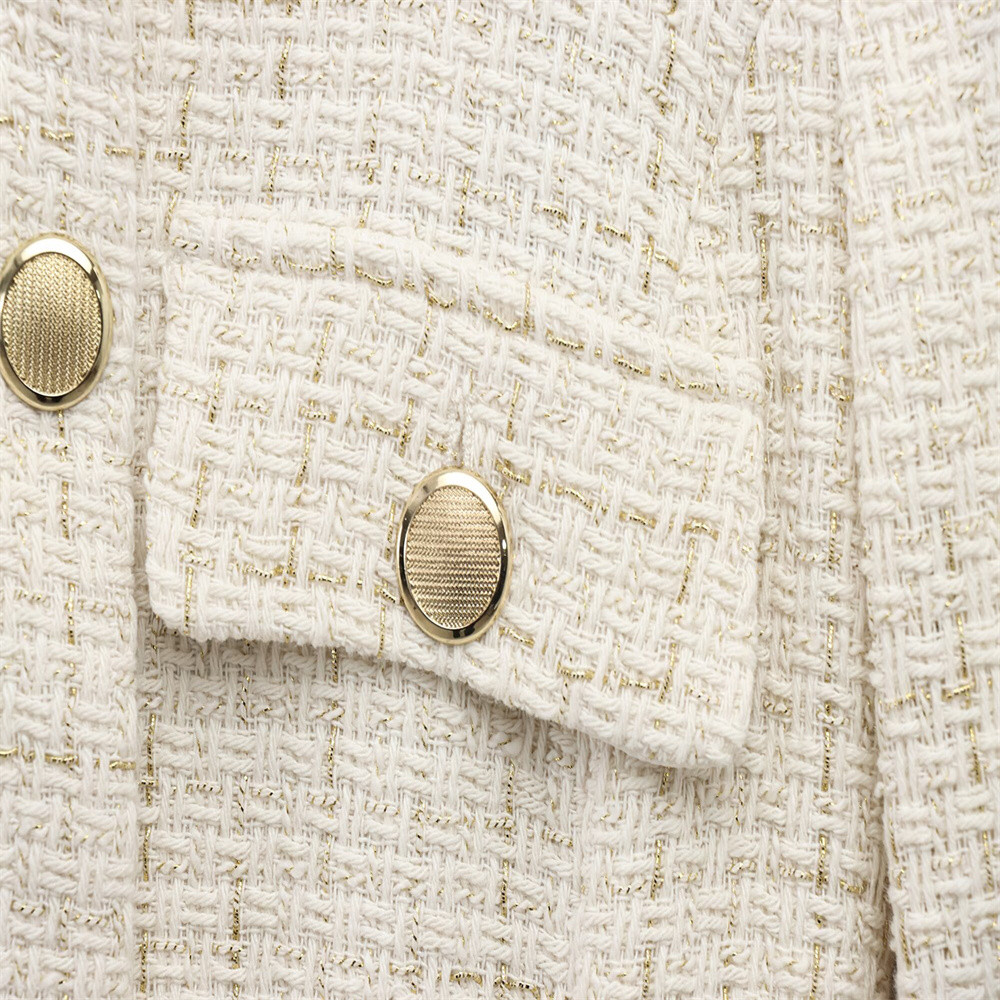 Women Beige Tweed Jacket with Gold Buttons Belt Long Sleeves Front Pockets Stylish Fall Winter Layered Outerwear