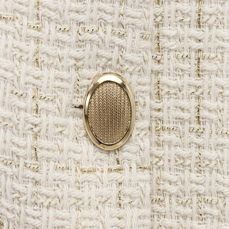 Women Beige Tweed Jacket with Gold Buttons Belt Long Sleeves Front Pockets Stylish Fall Winter Layered Outerwear