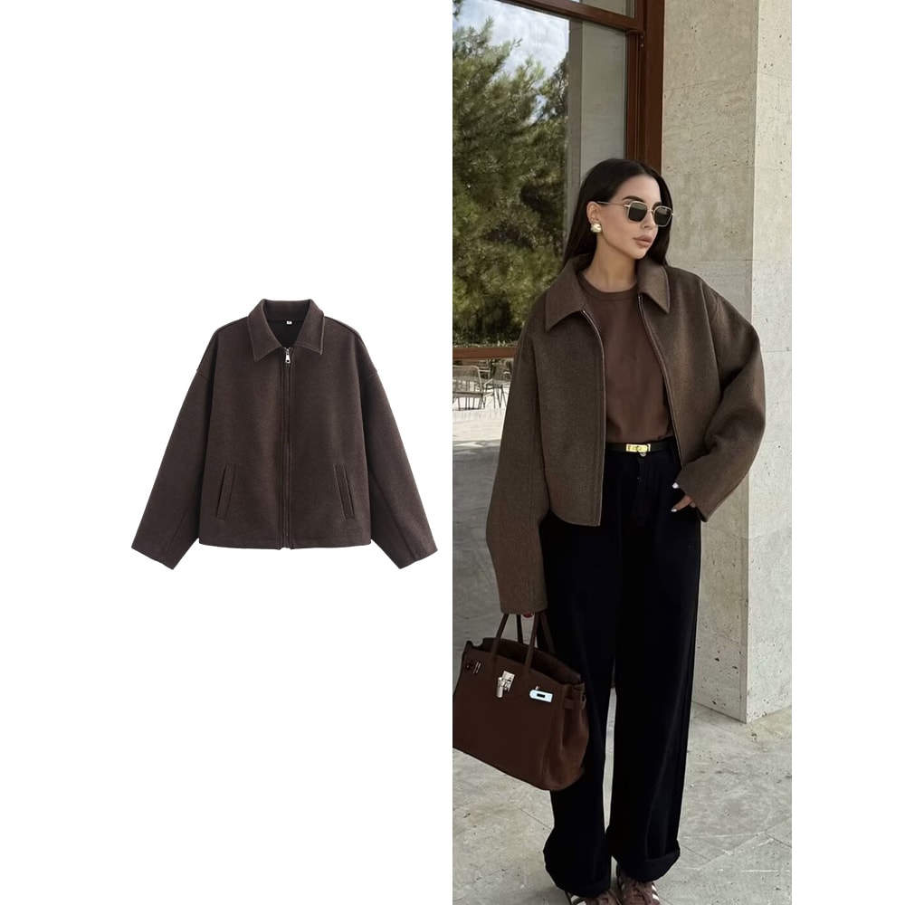 Wide Solid Colour Zip Tweed Jacket for Women, Fashion Commuter Lapel Long Sleeve Coat, Basic New Women Tops