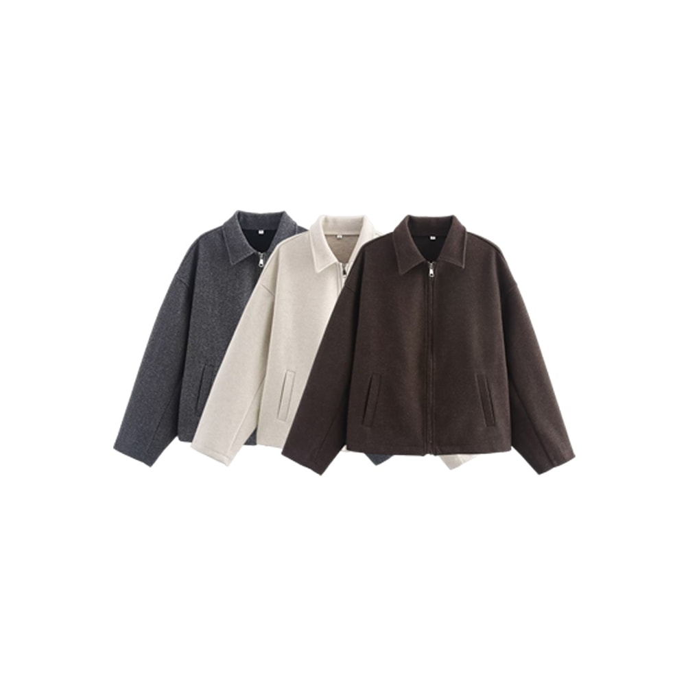 Wide Solid Colour Zip Tweed Jacket for Women, Fashion Commuter Lapel Long Sleeve Coat, Basic New Women Tops