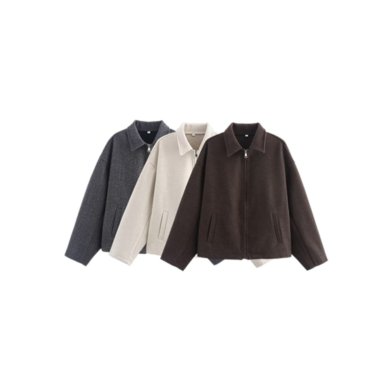 Wide Solid Colour Zip Tweed Jacket for Women, Fashion Commuter Lapel Long Sleeve Coat, Basic New Women Tops