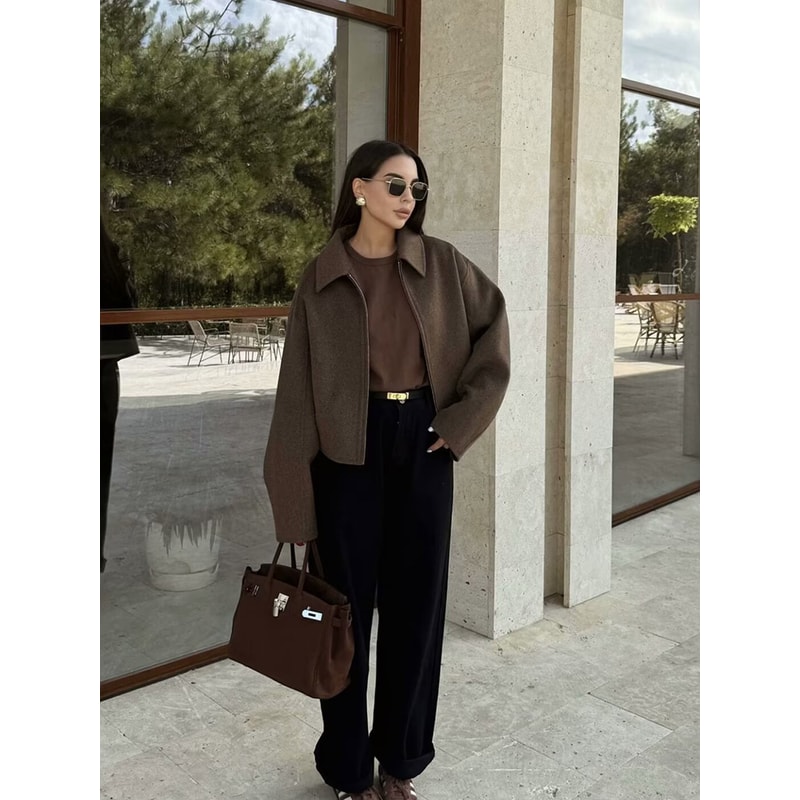 Wide Solid Colour Zip Tweed Jacket for Women, Fashion Commuter Lapel Long Sleeve Coat, Basic New Women Tops
