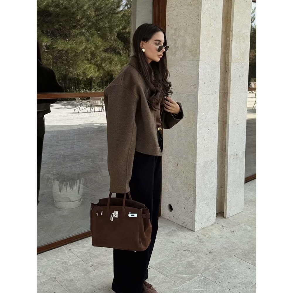 Wide Solid Colour Zip Tweed Jacket for Women, Fashion Commuter Lapel Long Sleeve Coat, Basic New Women Tops