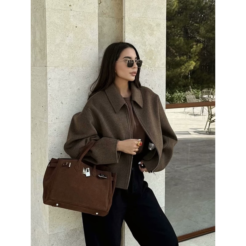 Wide Solid Colour Zip Tweed Jacket for Women, Fashion Commuter Lapel Long Sleeve Coat, Basic New Women Tops