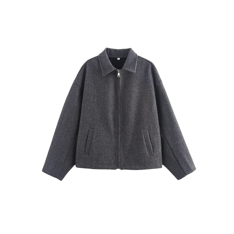 Wide Solid Colour Zip Tweed Jacket for Women, Fashion Commuter Lapel Long Sleeve Coat, Basic New Women Tops