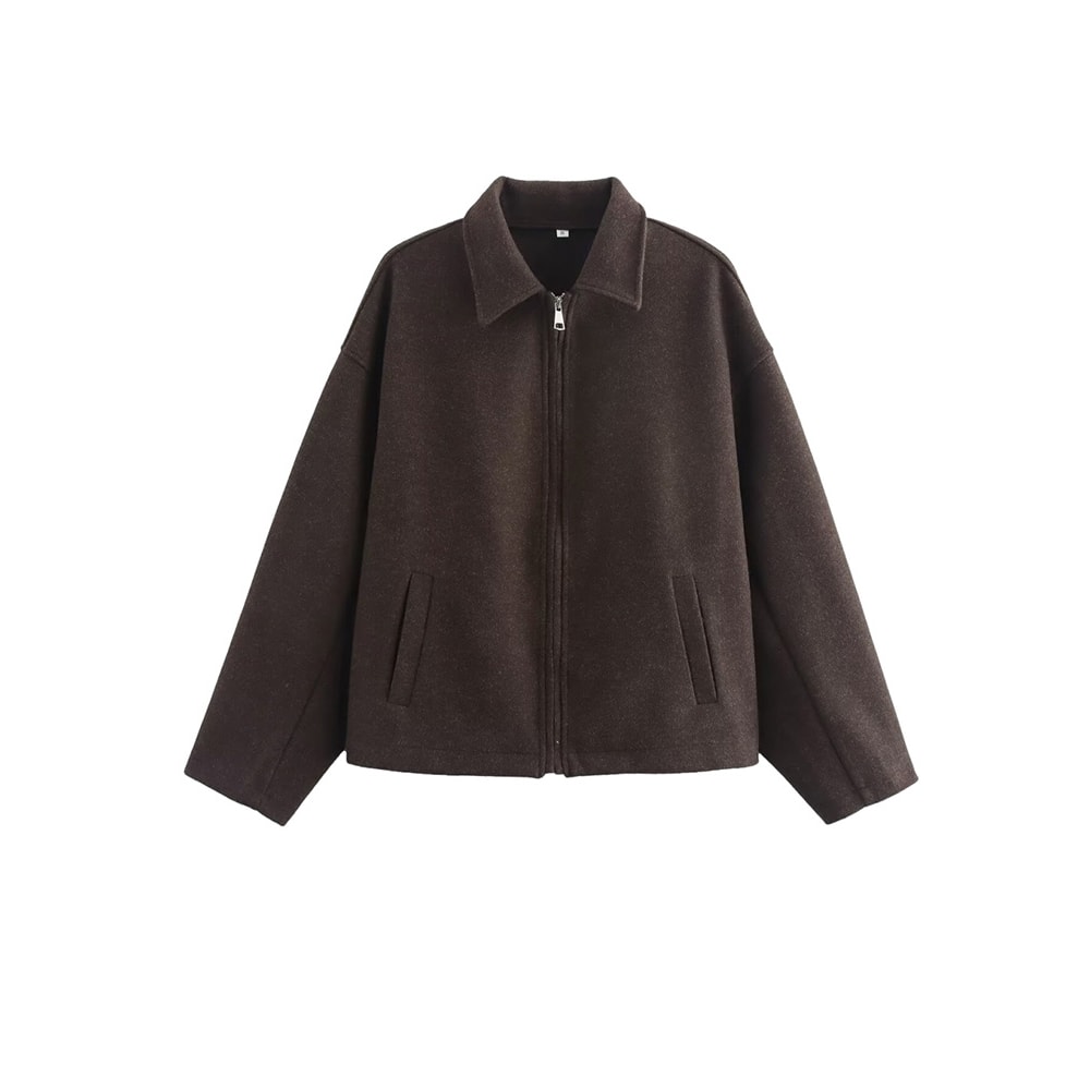 Wide Solid Colour Zip Tweed Jacket for Women, Fashion Commuter Lapel Long Sleeve Coat, Basic New Women Tops