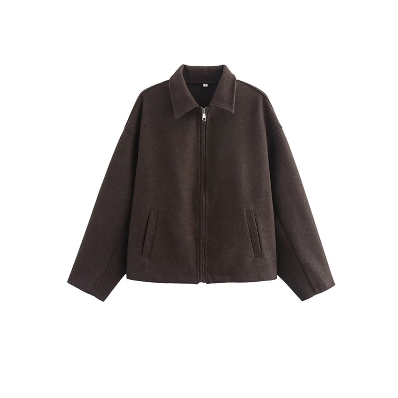 Wide Solid Colour Zip Tweed Jacket for Women, Fashion Commuter Lapel Long Sleeve Coat, Basic New Women Tops