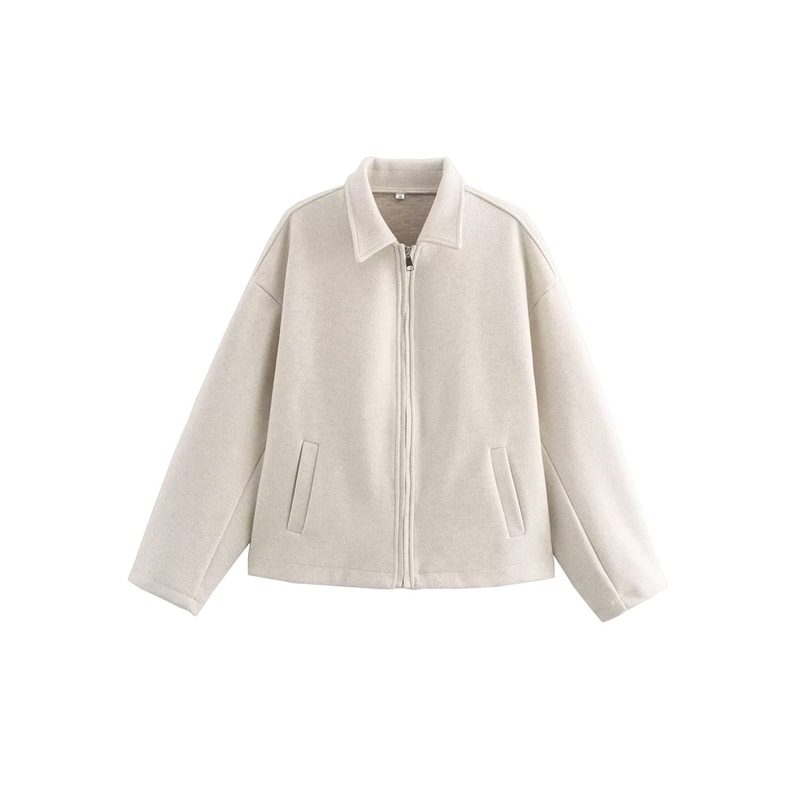 Wide Solid Colour Zip Tweed Jacket for Women, Fashion Commuter Lapel Long Sleeve Coat, Basic New Women Tops