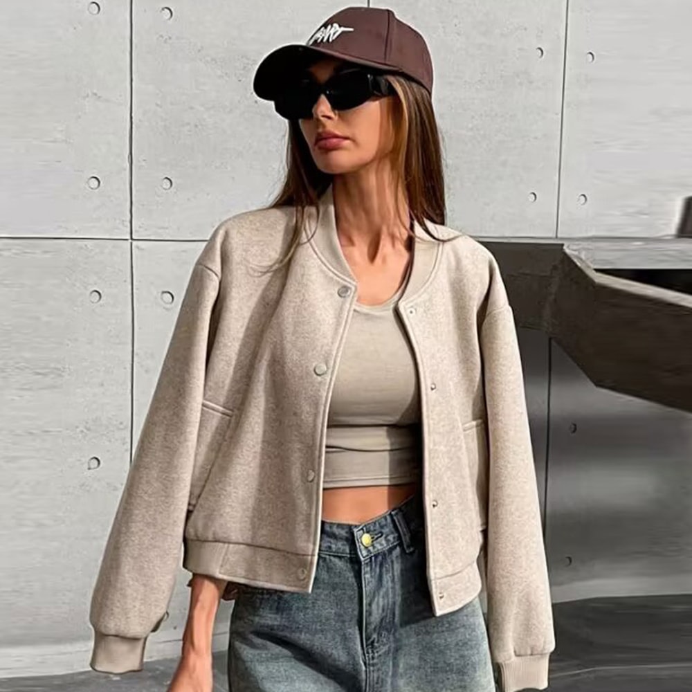 Autumn Crop Womens Bomber Jacket Soft Tweed Outerwear Black Grey Khaki Beige Darkgrey Long Sleeve O 2