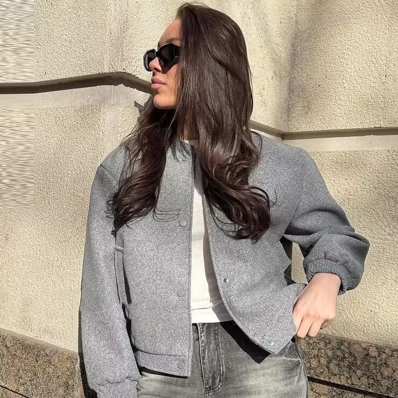 Autumn Crop Womens Bomber Jacket Soft Tweed Outerwear Black Grey Khaki Beige Darkgrey Long Sleeve O 3