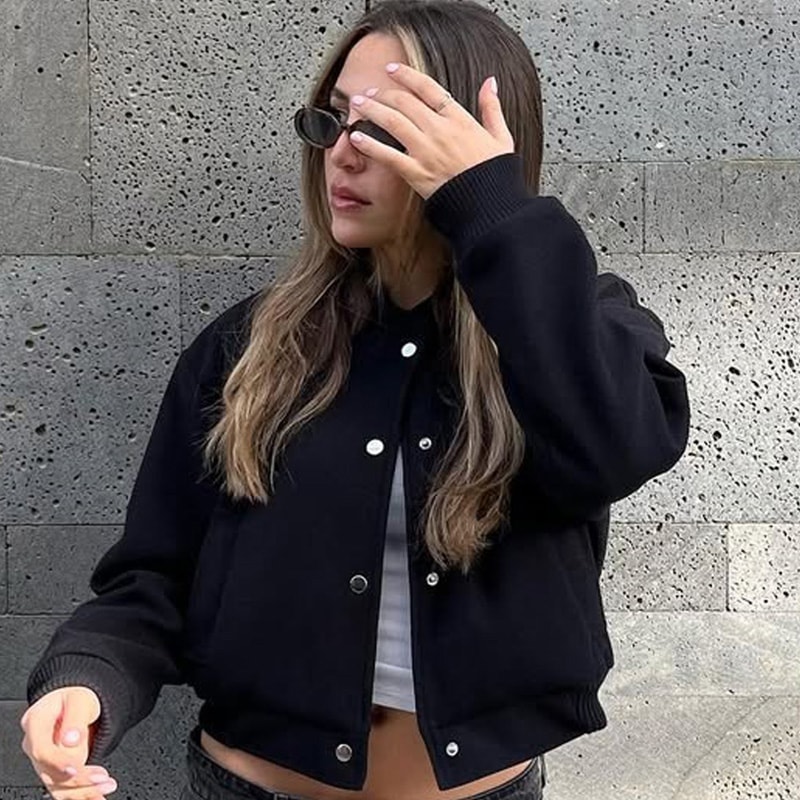 Autumn Crop Womens Bomber Jacket Soft Tweed Outerwear Black Grey Khaki Beige Darkgrey Long Sleeve O 4