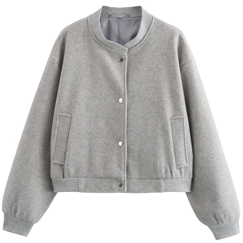 Autumn Crop Womens Bomber Jacket Soft Tweed Outerwear Black Grey Khaki Beige Darkgrey Long Sleeve O 5