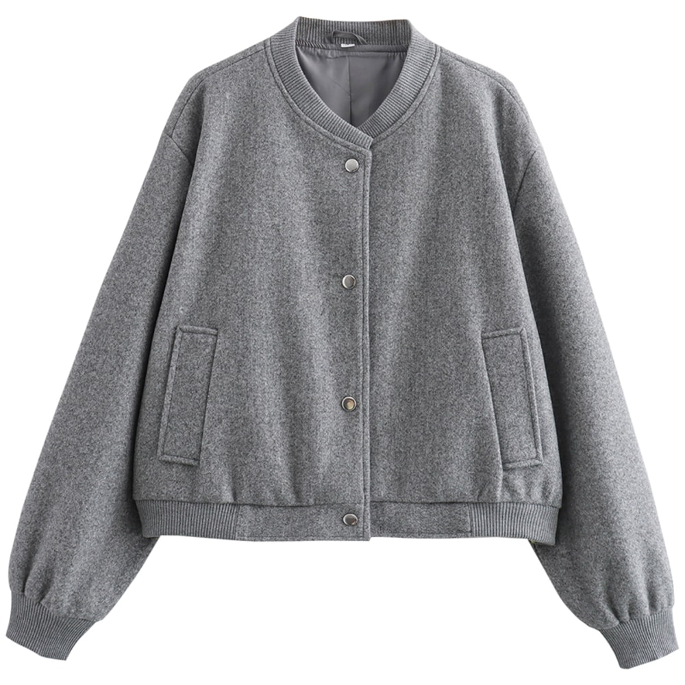 Autumn Crop Womens Bomber Jacket Soft Tweed Outerwear Black Grey Khaki Beige Darkgrey Long Sleeve O 6