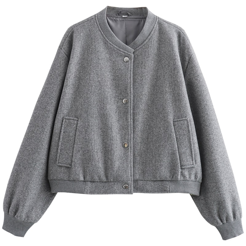 Autumn Crop Womens Bomber Jacket Soft Tweed Outerwear Black Grey Khaki Beige Darkgrey Long Sleeve O 6