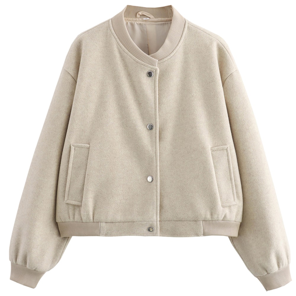 Autumn Crop Womens Bomber Jacket Soft Tweed Outerwear Black Grey Khaki Beige Darkgrey Long Sleeve O 7