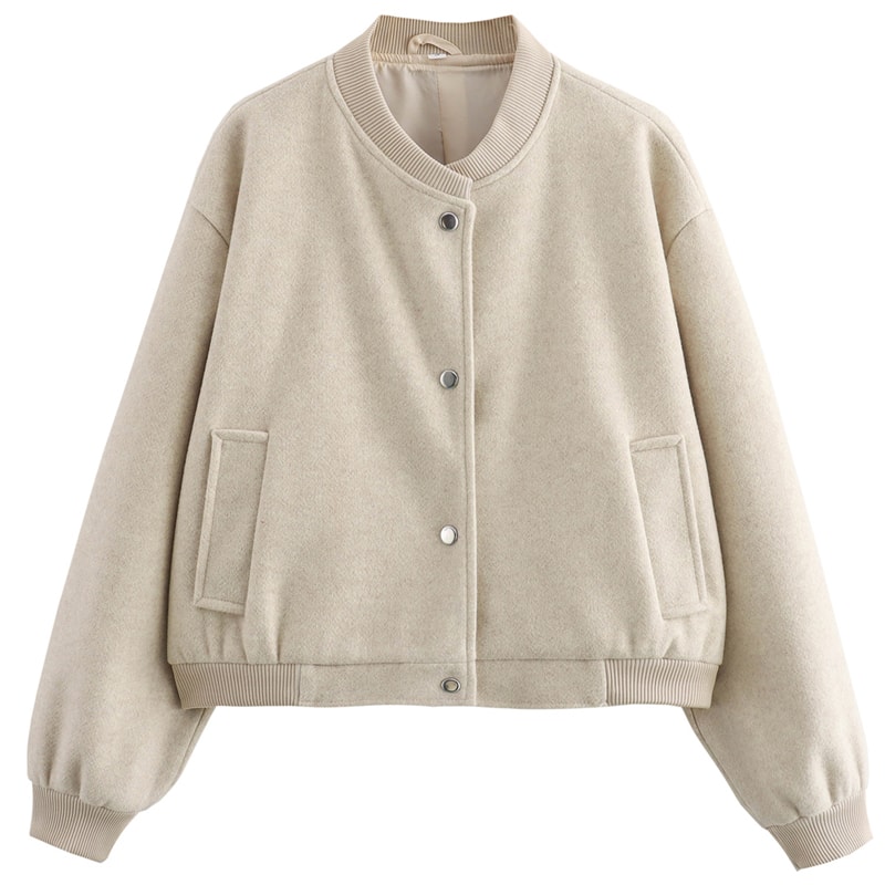 Autumn Crop Womens Bomber Jacket Soft Tweed Outerwear Black Grey Khaki Beige Darkgrey Long Sleeve O 7