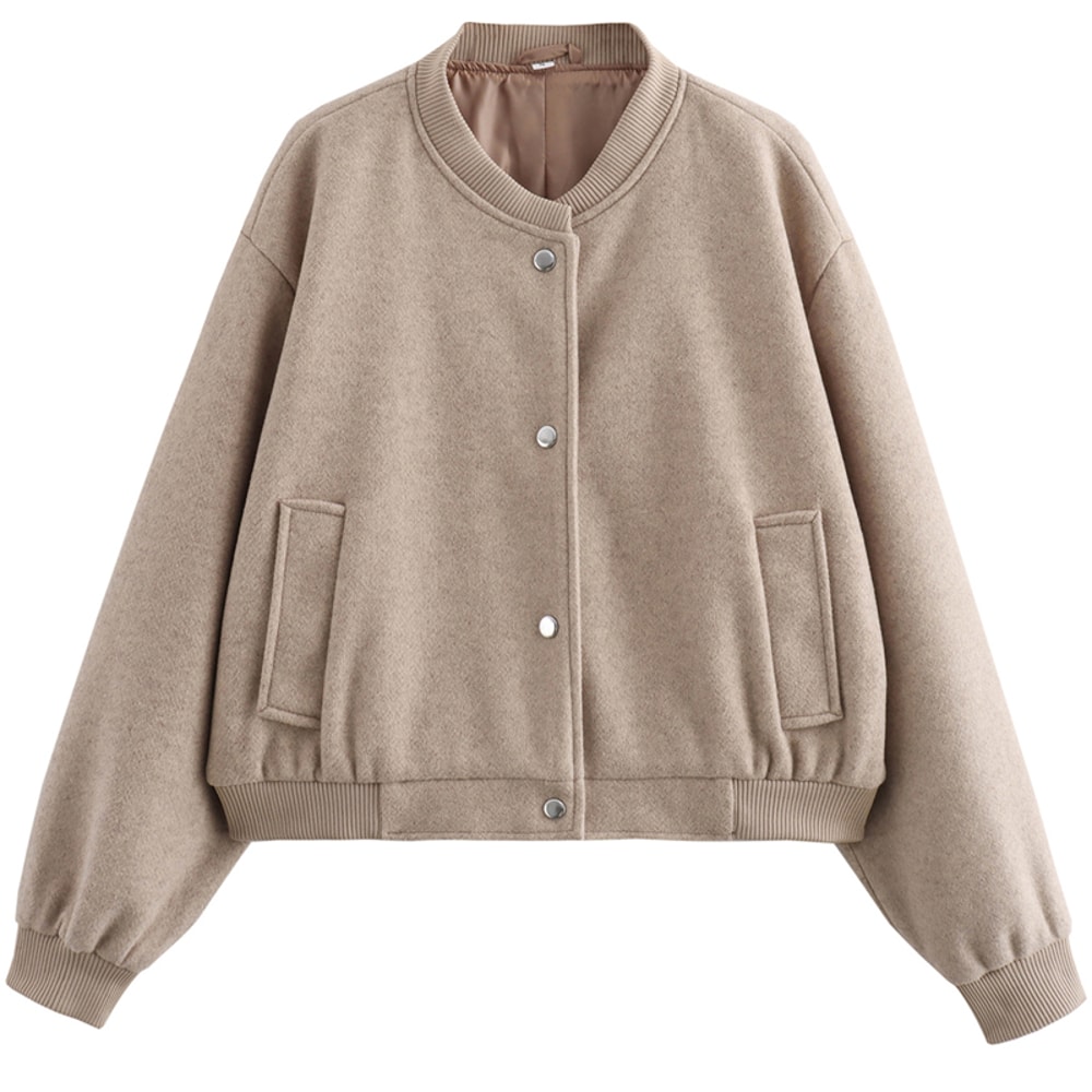 Autumn Crop Womens Bomber Jacket Soft Tweed Outerwear Black Grey Khaki Beige Darkgrey Long Sleeve O 8