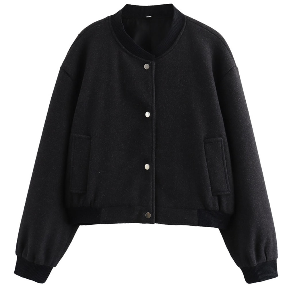 Autumn Crop Womens Bomber Jacket Soft Tweed Outerwear Black Grey Khaki Beige Darkgrey Long Sleeve O 9